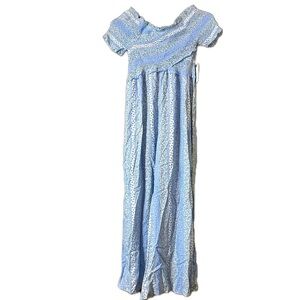 Japana Surplice Smocked Body Jumpsuit Blue White Wide Leg Size Medium NWT